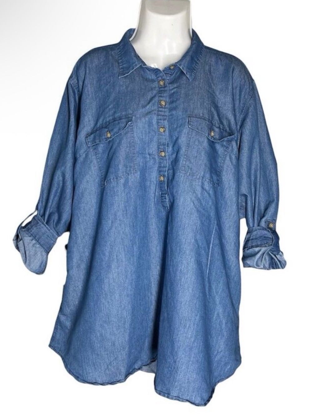 TAXI Denim Jean Shirt Plus Size 3X Blue Chambray Roll Tab Sleeve Tunic Casual
